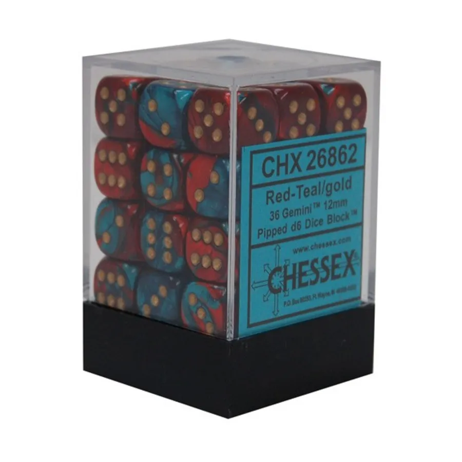 

d6 12 мм Красный с бирюзовым и золотым (36), Dice - Gemini - d6 12mm (Chessex)