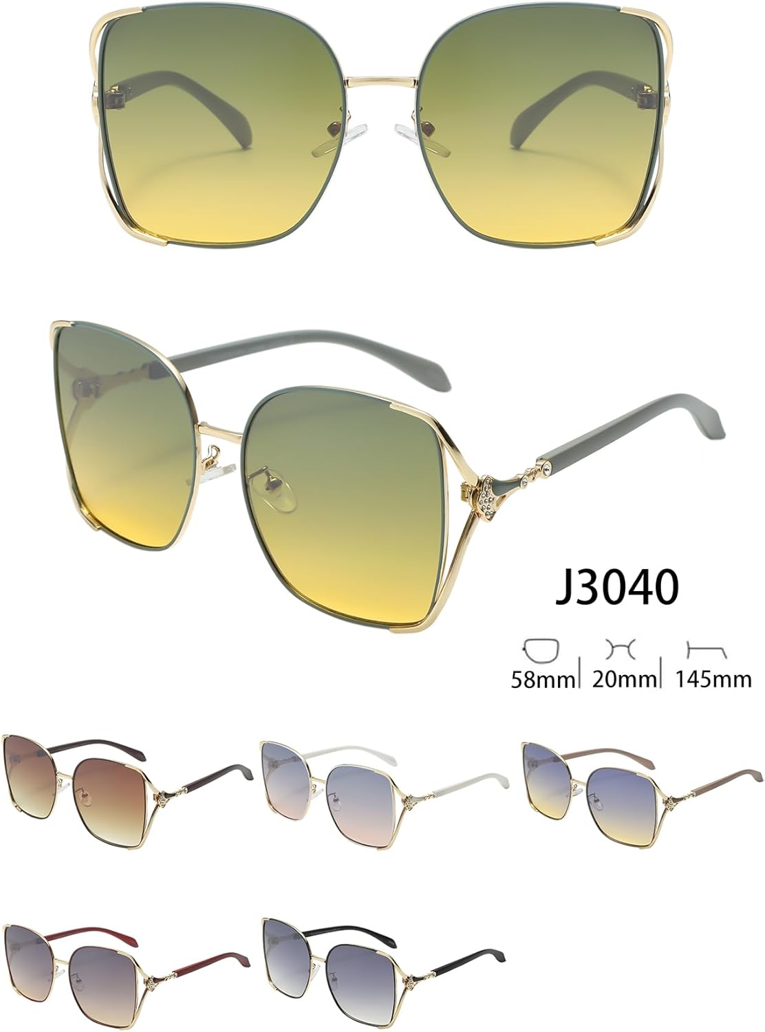 

Набор из 12 штук - Солнцезащитные очки в квадратной оправе большого размера с дизайном «Букет», оправа разных цветов, предварительно упакованные, модные женские очки с градиентными цветными линзами, J3040 Generic, Brown