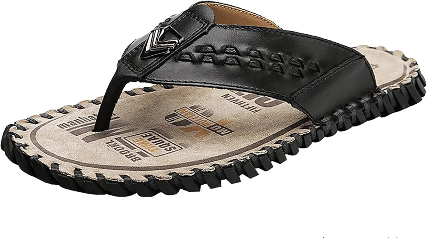 Шлепанцы Herren Leder Sommer Flache Strandsandalen rutschfeste Pool-Dusche-Tangas Generic, Schwarz