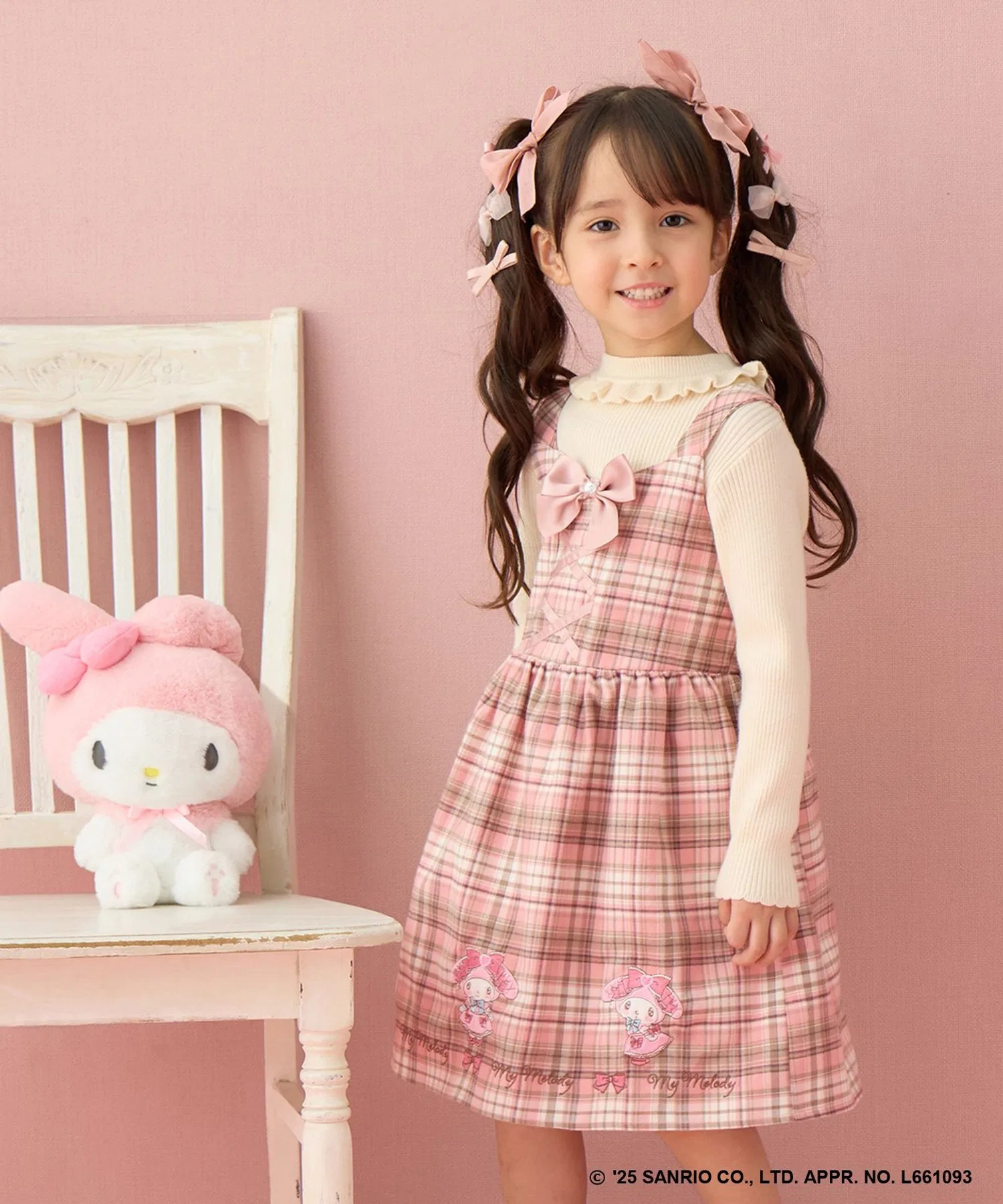 Детский клетчатый сарафан ANY KIDS с вышивкой и бантом My Melody розовый