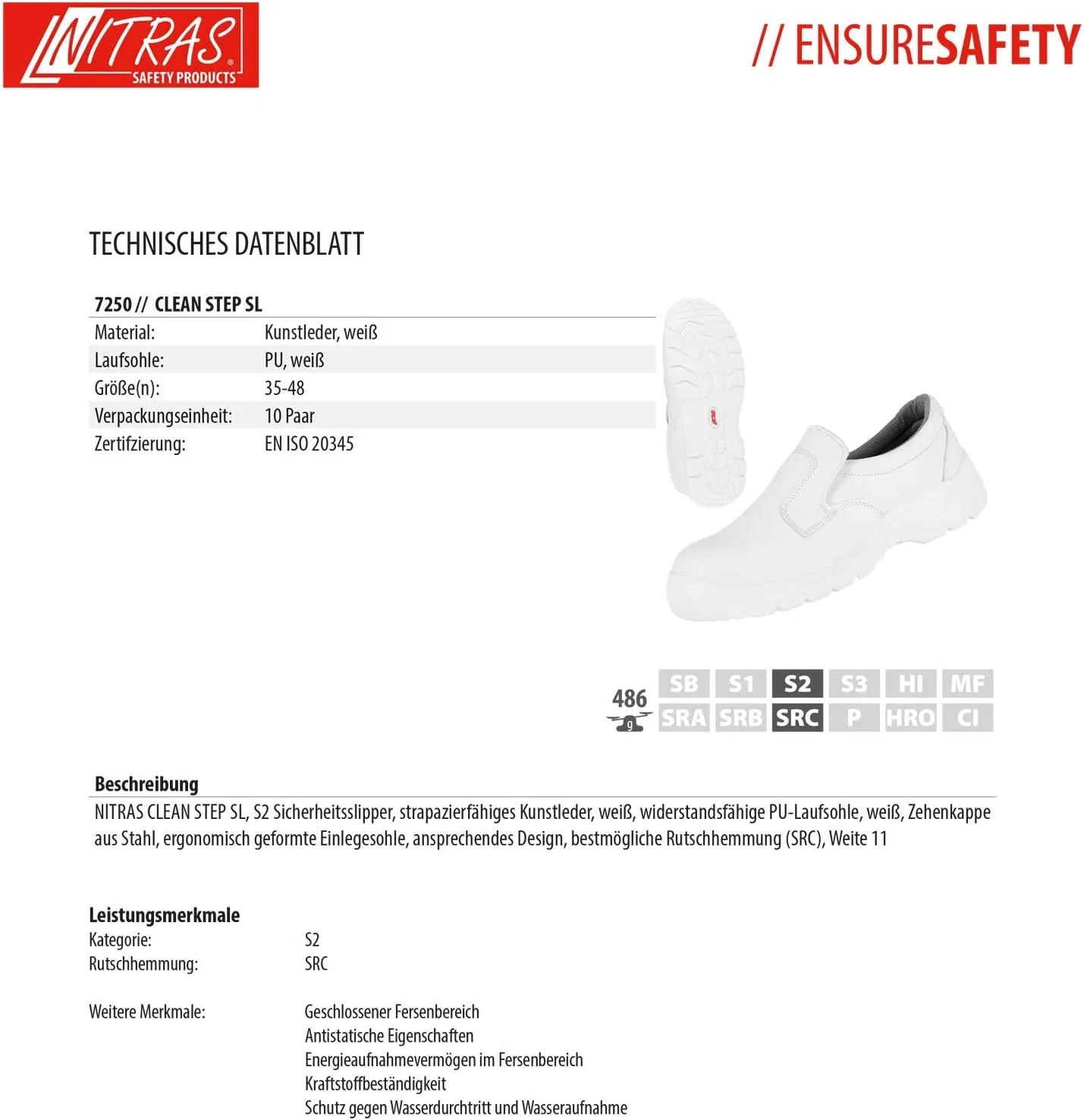 Рабочие защитные ботинки Nitras Slipper 7250 Clean Step S2 для мужчин и женщин - со стальным защитным носком, White — фото 4