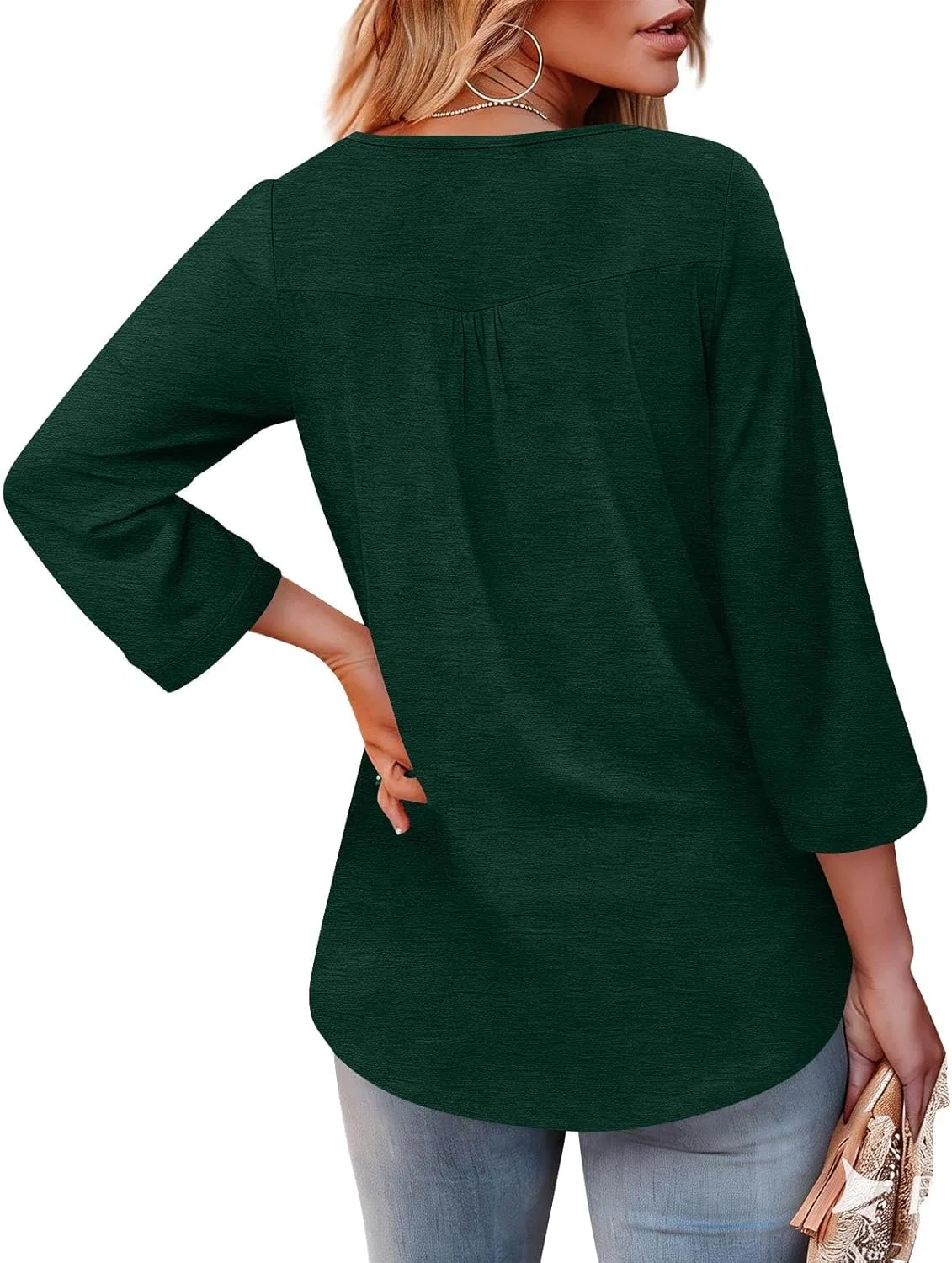 Блуза женская с V-образным вырезом, 3/4 рукав, Generic, Ff08 Dark Green — фото 3