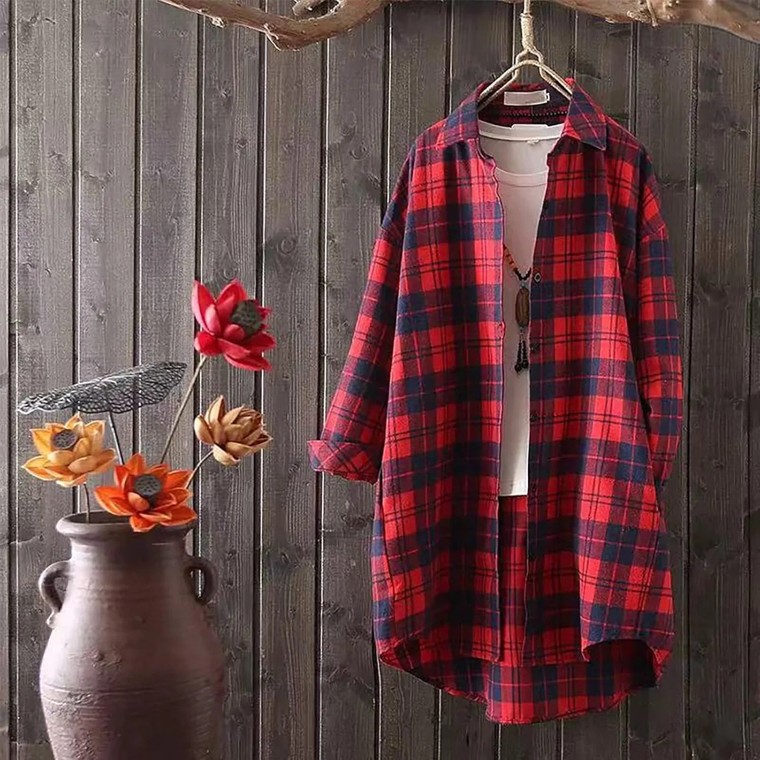 Блуза с клетчатым принтом plaid flannel shirt, красный — фото 2