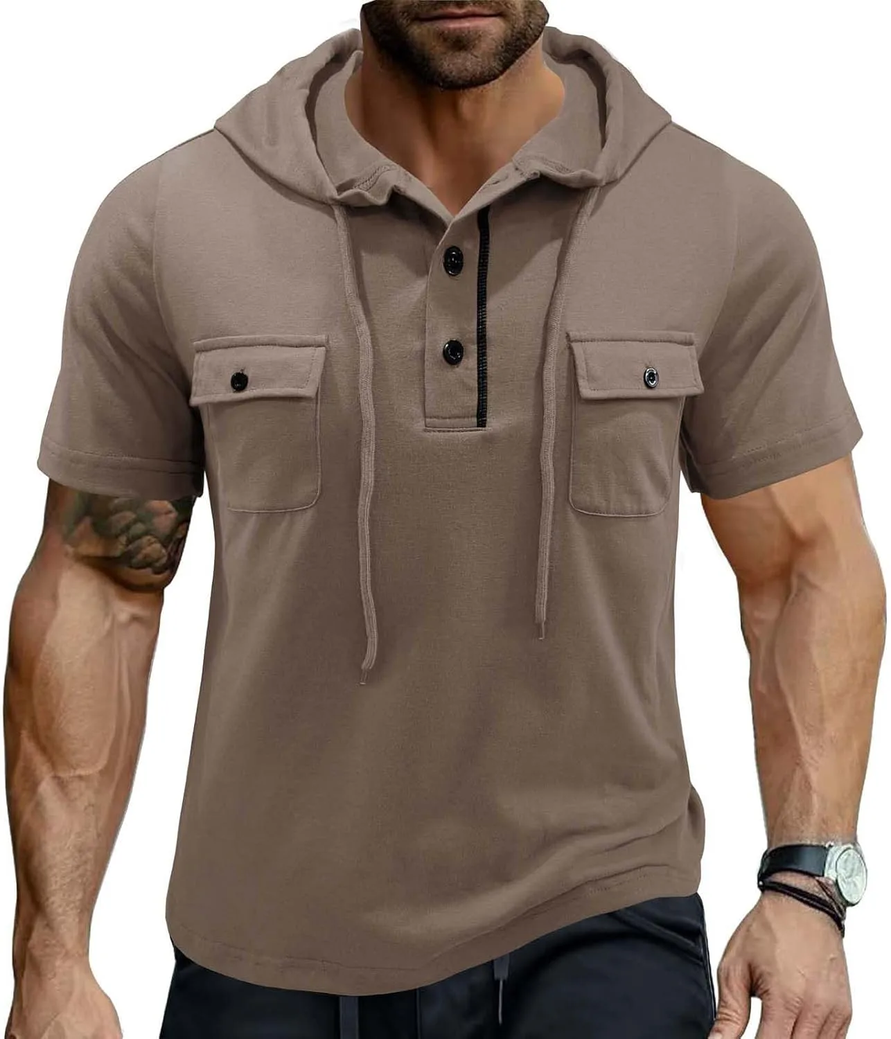 

Мужская футболка с капюшоном на половине пуговиц, легкая