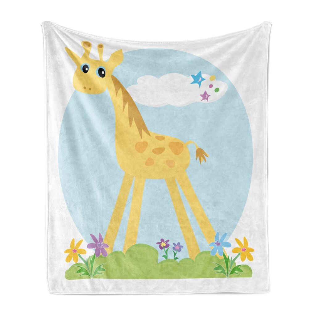 

Мягкое фланелевое флисовое одеяло ABAKUHAUS Giraffe, детская тема, детское животное, уютный плюш для использования в помещении и на улице, 125 x 175 см, бело-горчичный, голубой, белый