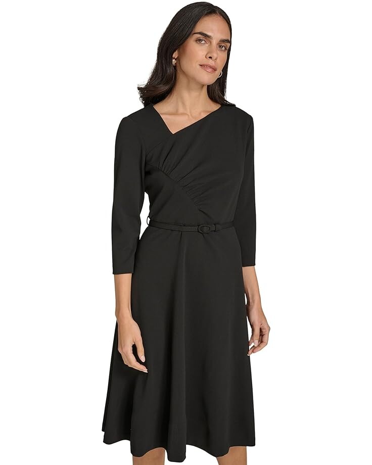 

Платье Calvin Klein Scuba Crepe Asym Rouched Neck Midi With Belt, черный