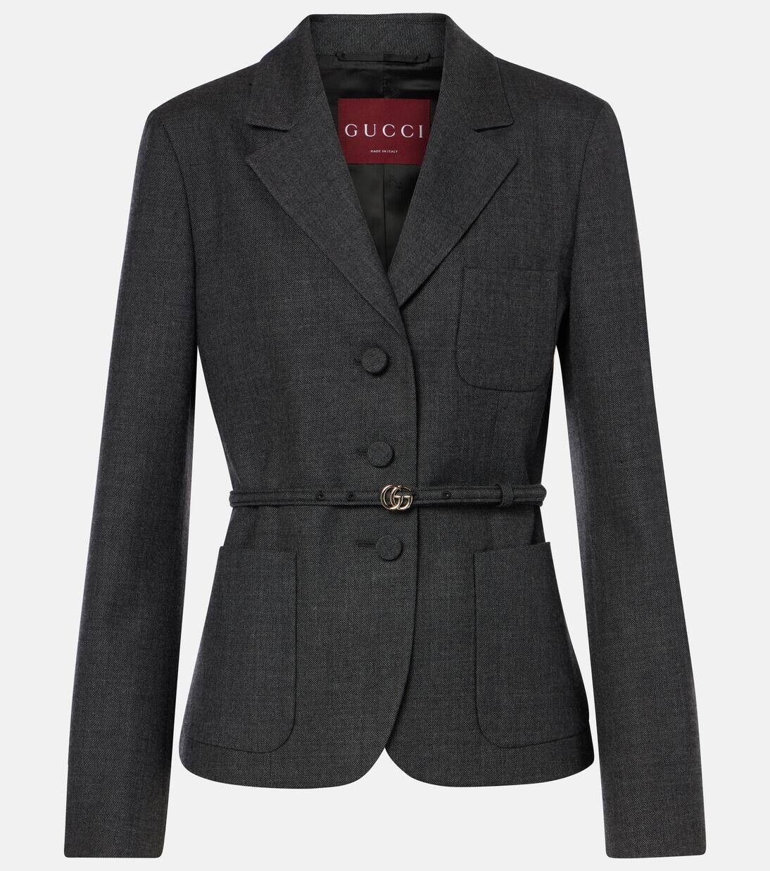 

Шерстяной блейзер в стиле гризайль с поясом с двойной буквой G Gucci, цвет medium grey