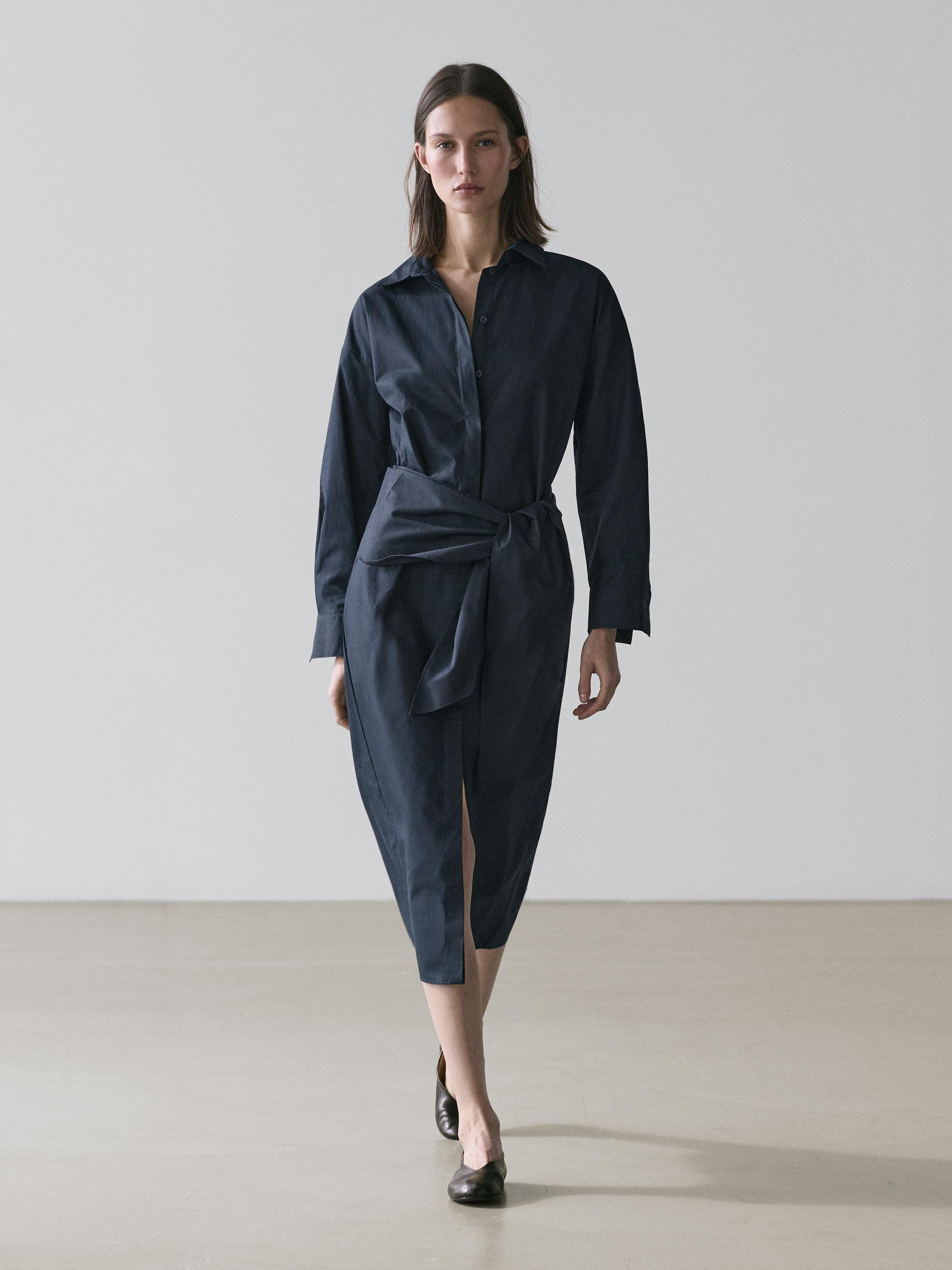 

Миди-платье-рубашка с деталью шарфа Massimo Dutti, blue