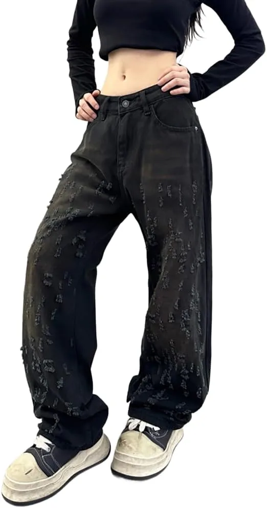 

XYGJZ женские джинсы wide leg с потертостями и разрывами low waist
