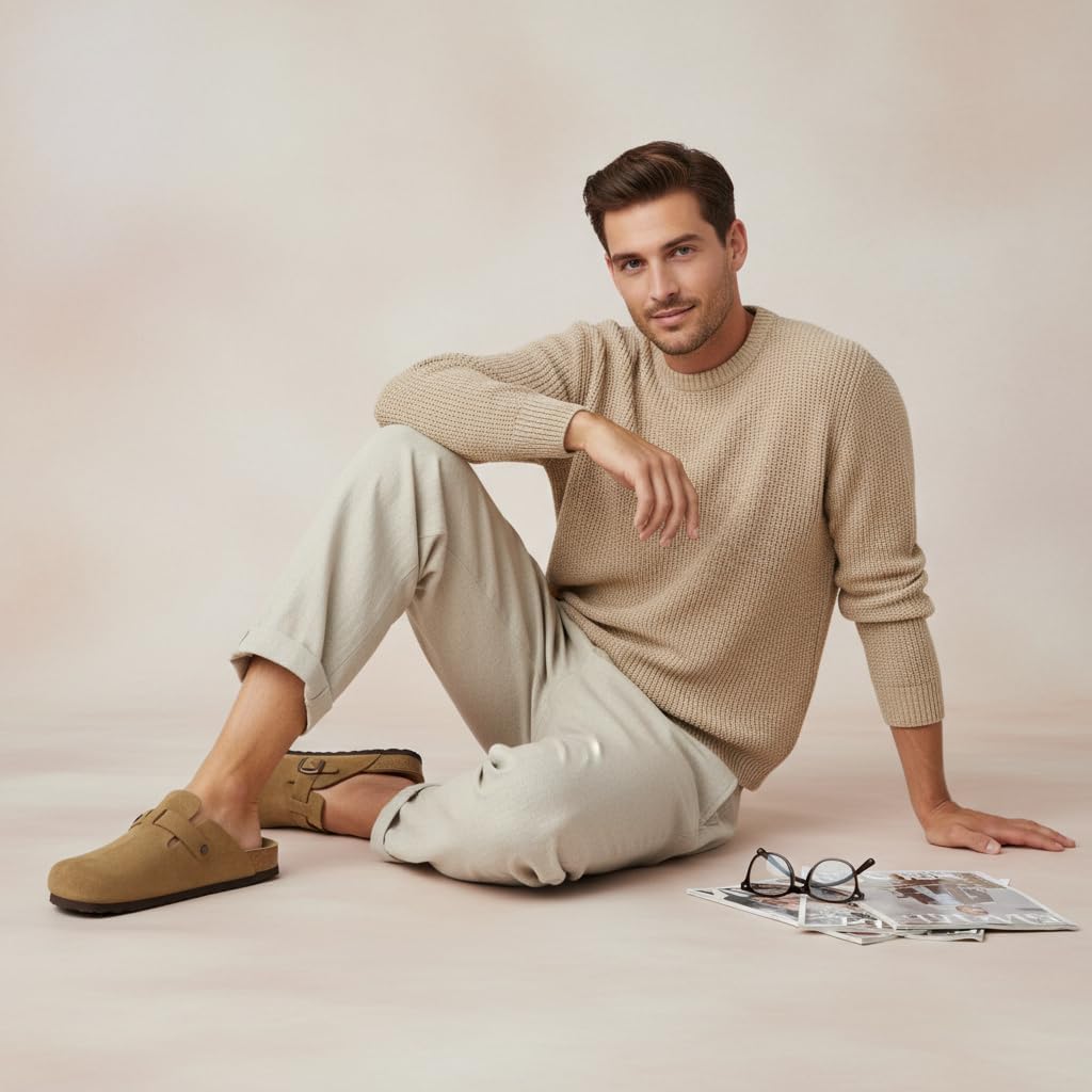 Мужские сабо CUSHIONAIRE Haze из настоящей замши - удобные слипоны с регулируемой пряжкой, коричневый — фото 4
