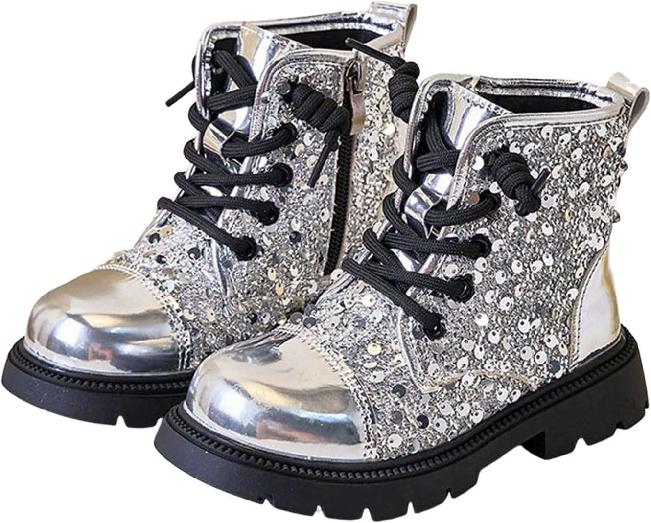 

Детские блестящие ботильоны для девочек, праздничные блестящие ботинки с низким каблуком, боковой молнией, удобные модные блестящие осенние ботинки с круглым носком для малышей и детей постарше Generic, Silver