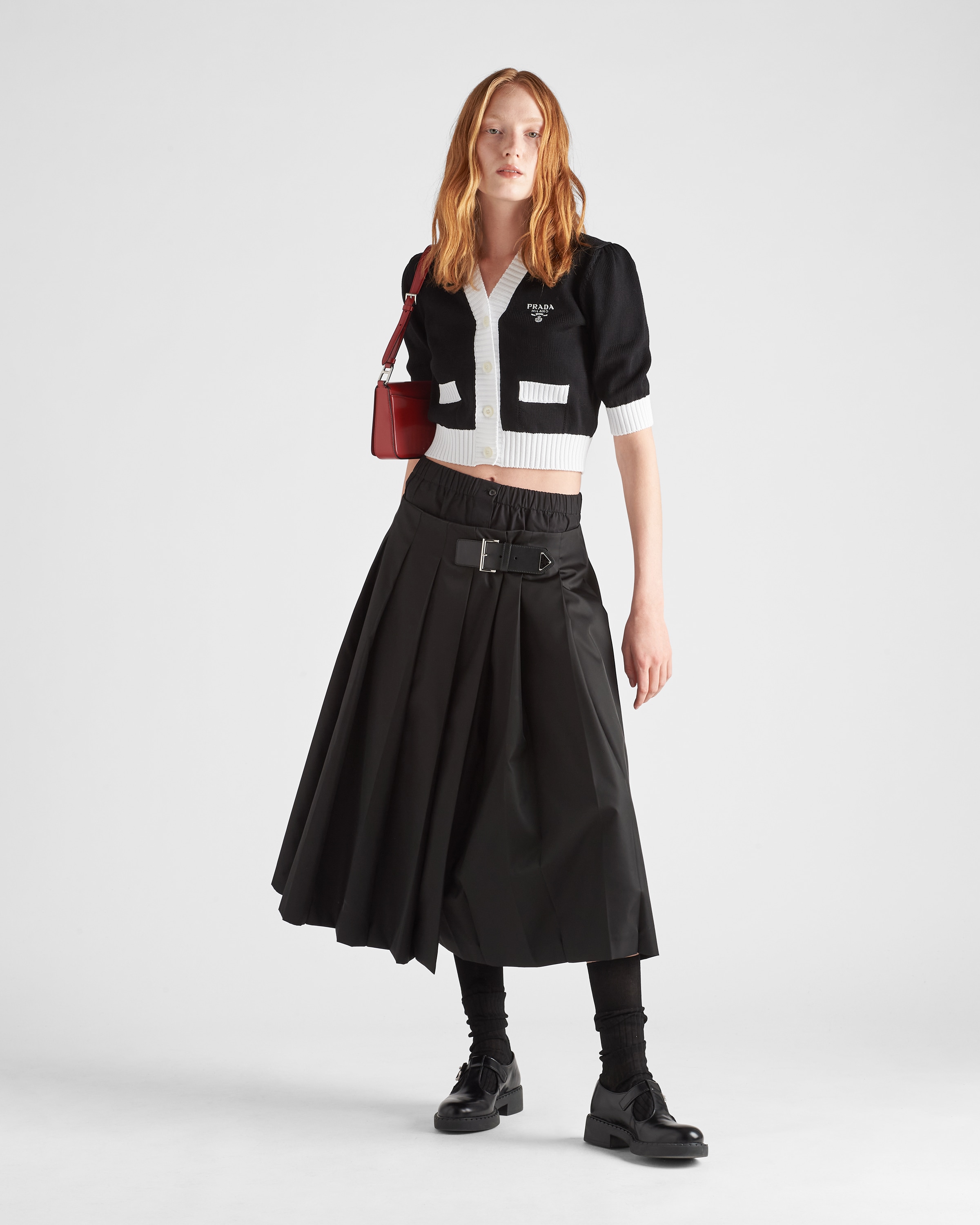 Укороченный хлопковый кардиган Prada, Черный/белый — фото 2