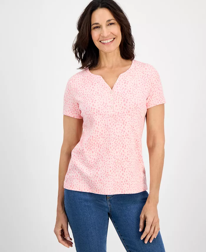 

Петитная вязаная рубашка с коротким рукавом Henley Style & Co, розовый