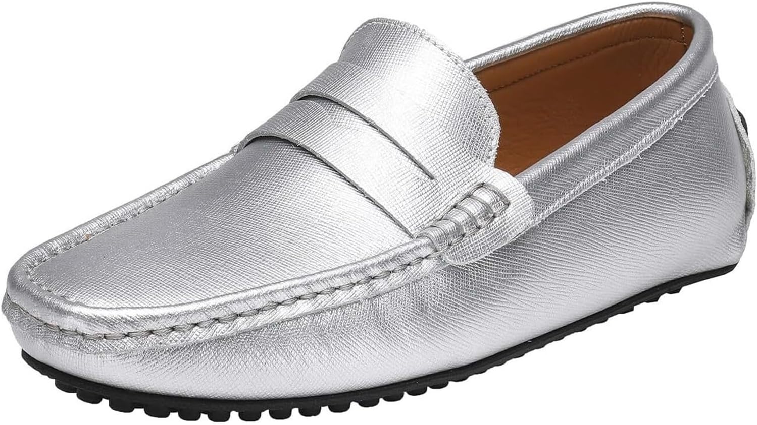 

Мужские модные кожаные туфли с круглым носком, удобные, нескользящие, повседневные лоферы с плоской подошвой, прогулок и свиданий Generic, серебро