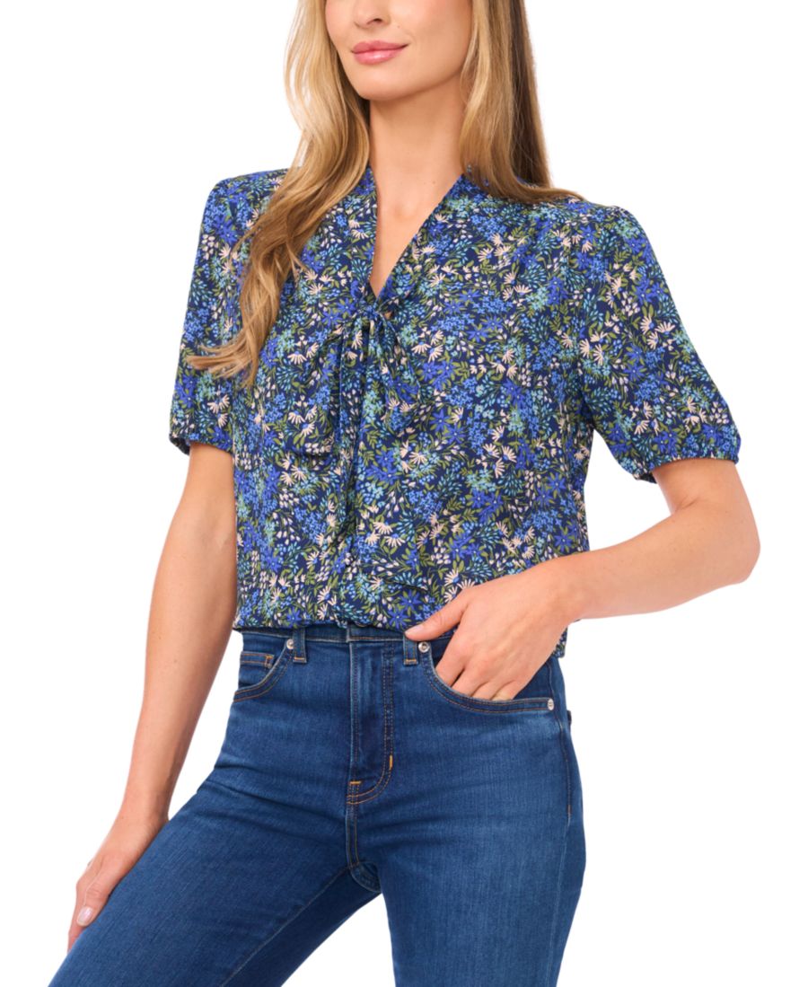 

Женская блузка с короткими рукавами, бантом и сборками CeCe, Classic Navy