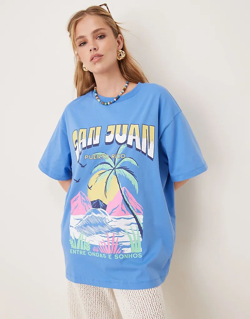 

Футболка свободного кроя ASOS DESIGN с изображением пальмы Сан-Хуан синего цвета