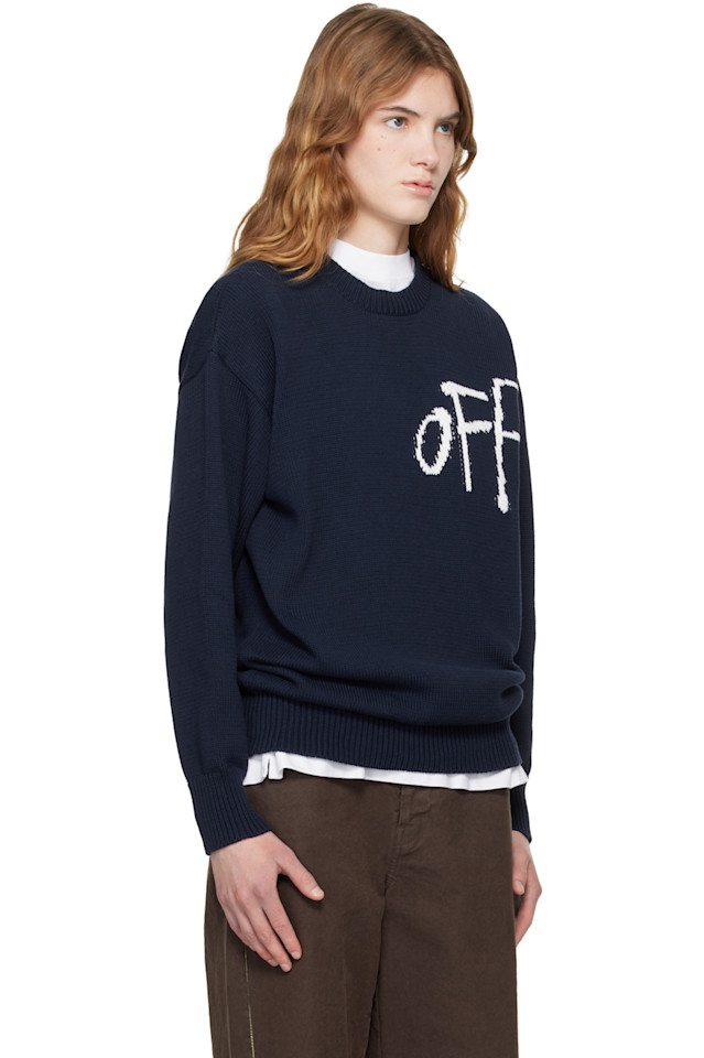 Off-White Свитер с круглым вырезом из хлопка, связанный в книжном стиле, темно-синего цвета — фото 2