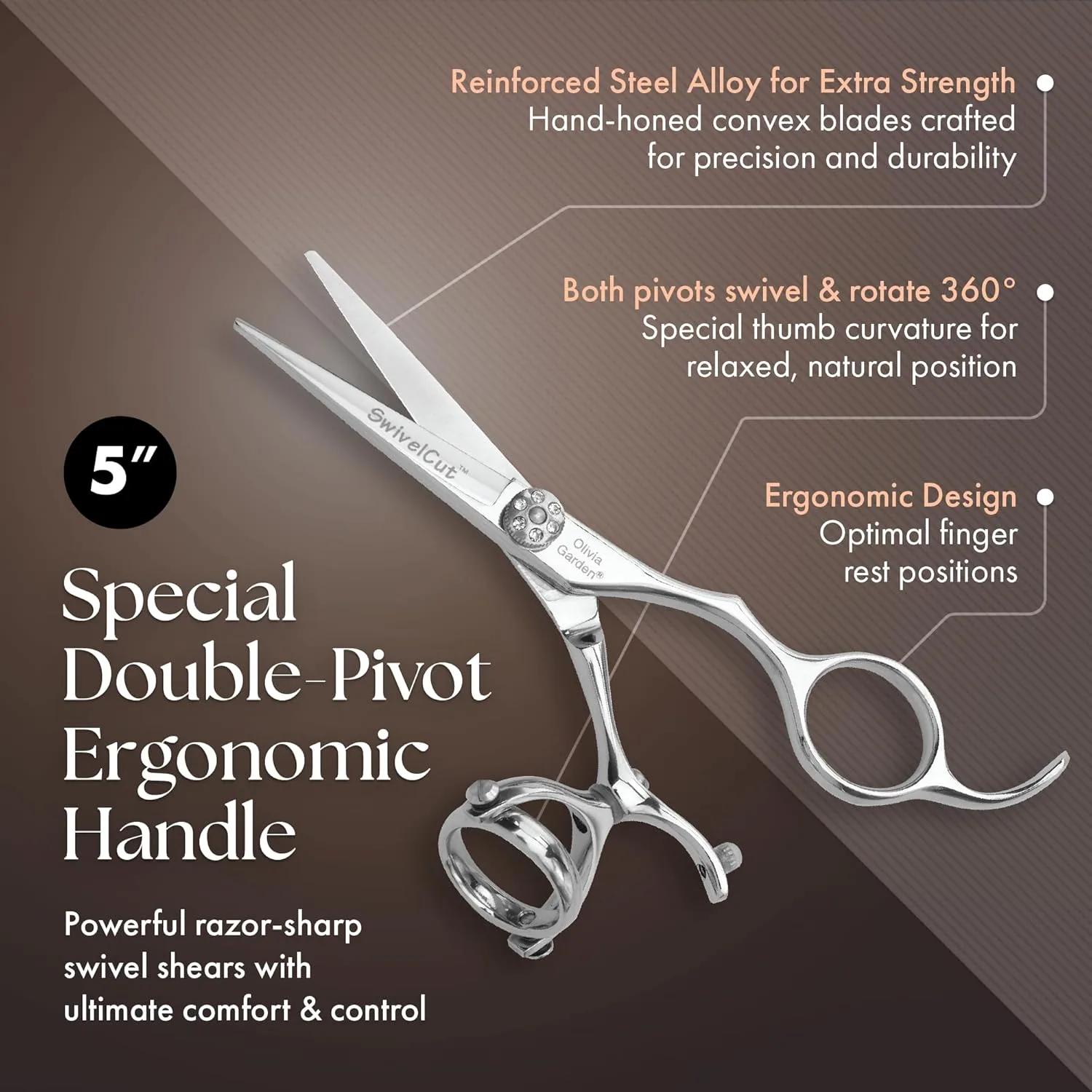 Набор профессиональных парикмахерских ножниц Olivia Garden SwivelCut с футляром и бритвой Edge - 6 предметов. Набор 5" (SW-C01): SW-50, бритва RZ-E — фото 3