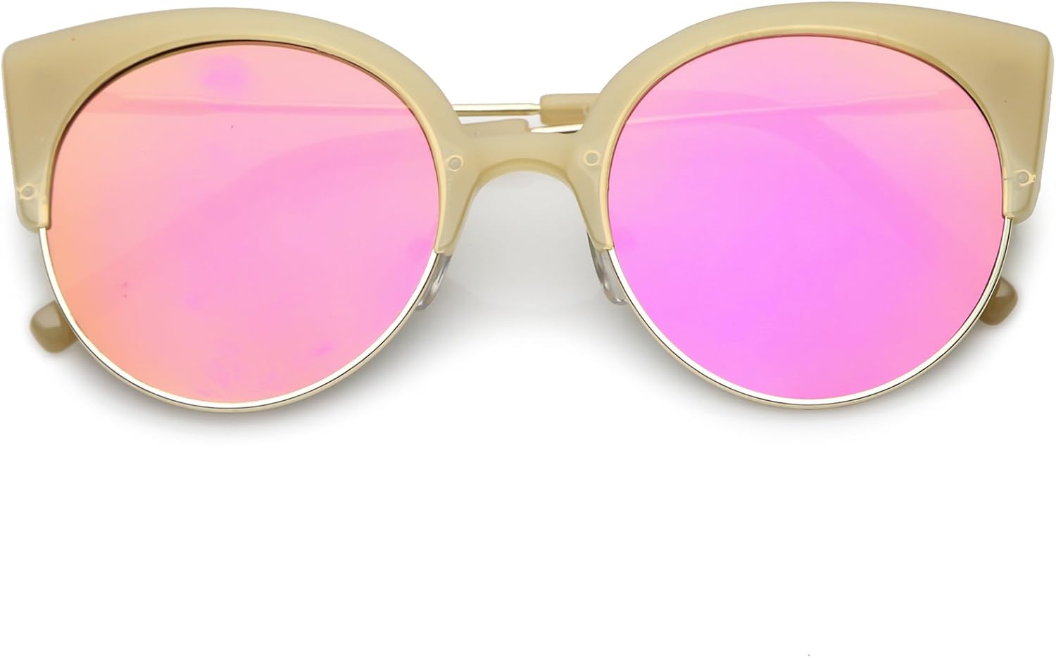 

zeroUV - Женские солнцезащитные очки в полуободковой оправе с ультратонкими дужками, зеркальными круглыми плоскими линзами, оправа «кошачий глаз», диаметр линз 53 мм, Creme Gold / Magenta Mirror