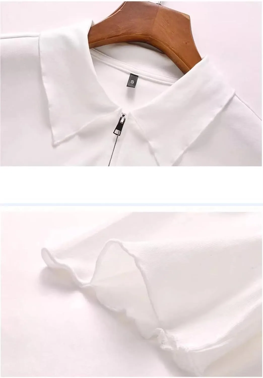 Женская футболка в корейском стиле Pink с коротким рукавом, Cotton, Curved Hem, Slim Fit, Zipper Collared — фото 3