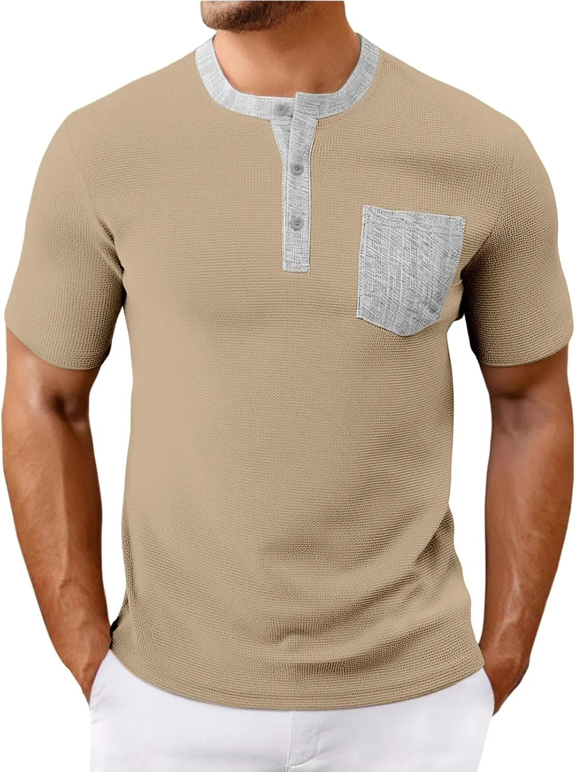 

Футболка-хенли для мужчин с коротким рукавом, ретро стиль, Regular fit Thatrich