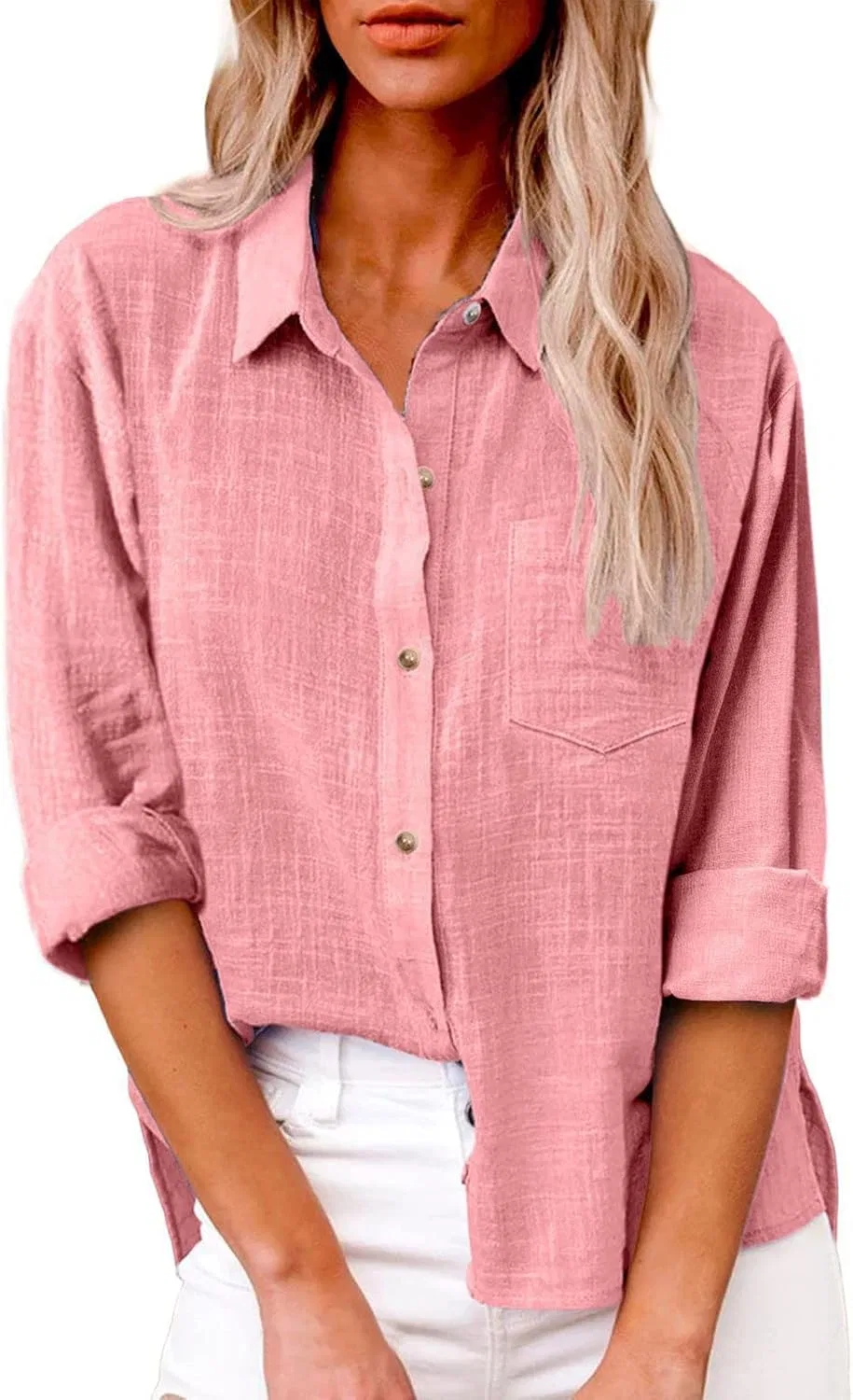 Блуза с воротником, длинный рукав, Women's Long Sleeve Shirt with Collar, розовый — фото 2