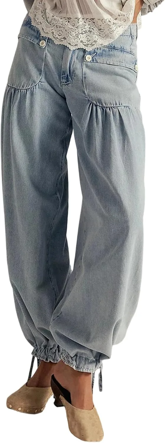 

Famnbro женские бочкообразные джинсы Y2k с высокой талией, плиссированные, мешковатые, с широкими штанинами и шнурком