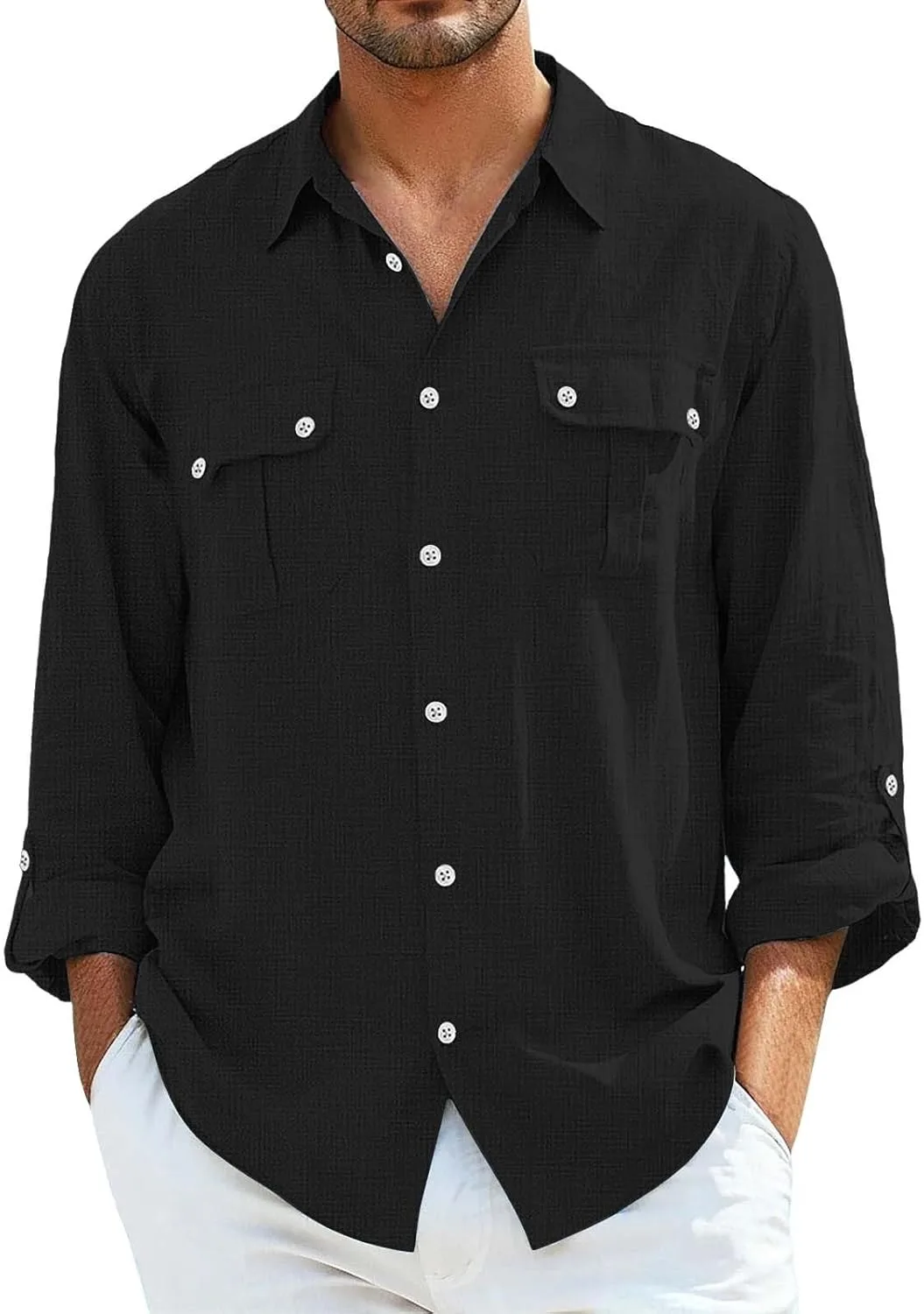 

Льняная рубашка для мужчин с лацканами и карманом