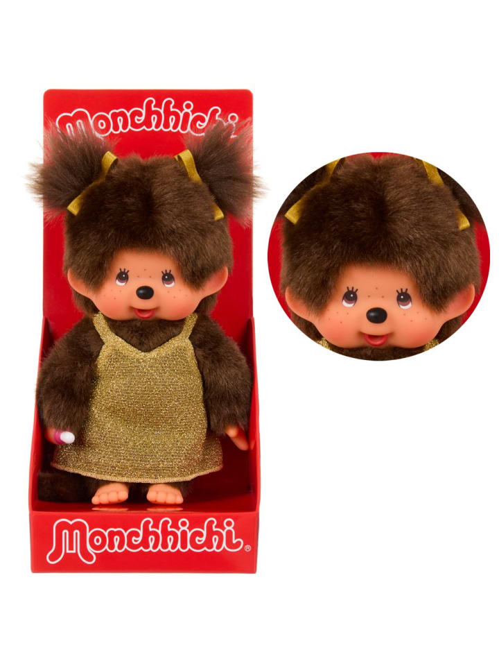 

Девочка в золотом блестящем платье | 20 см | Кукла Monchhichi | две косички