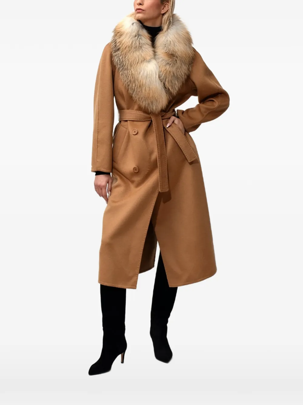 

Куртка с меховым воротником и поясом Poche Paris, коричневый