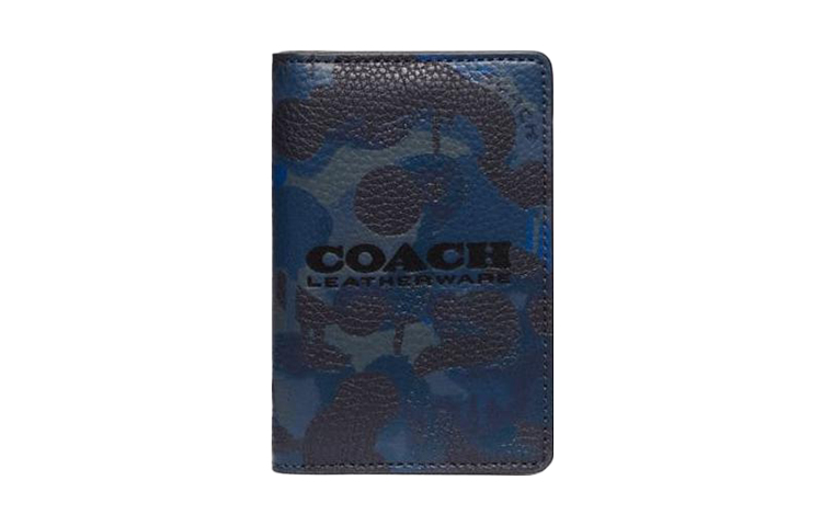 

COACH Полированный галечный кожаный картхолдер мини кошелек женский камуфляж синий