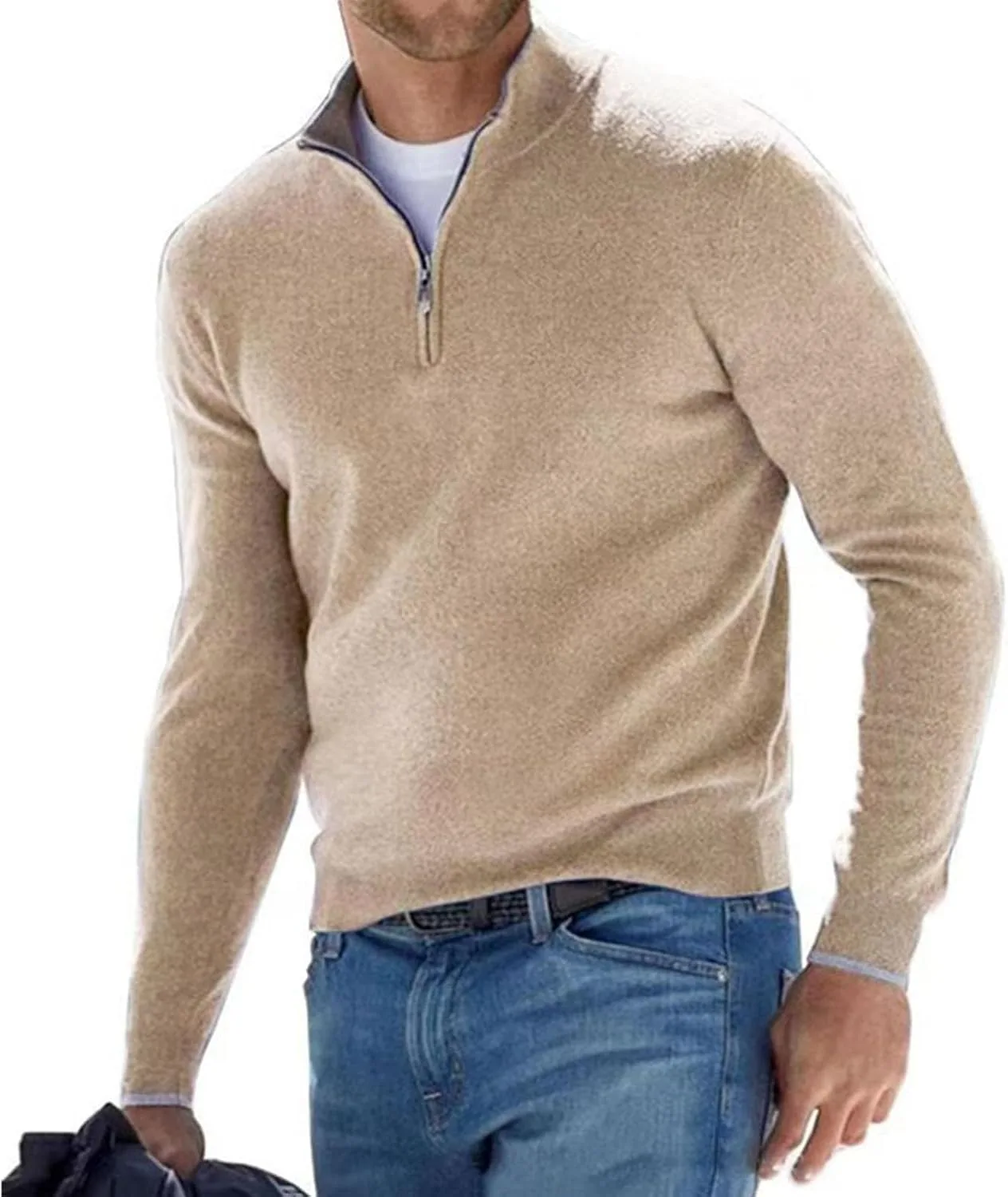 Мужской свитер с четвертью молнии, Slim Fit легкий воротник-стойка — фото 4