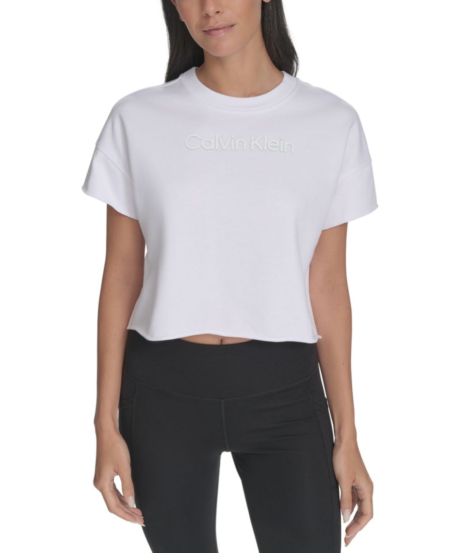

Женская укороченная футболка из французского трикотажа с двухцветным логотипом Calvin Klein, Wh Blue Su