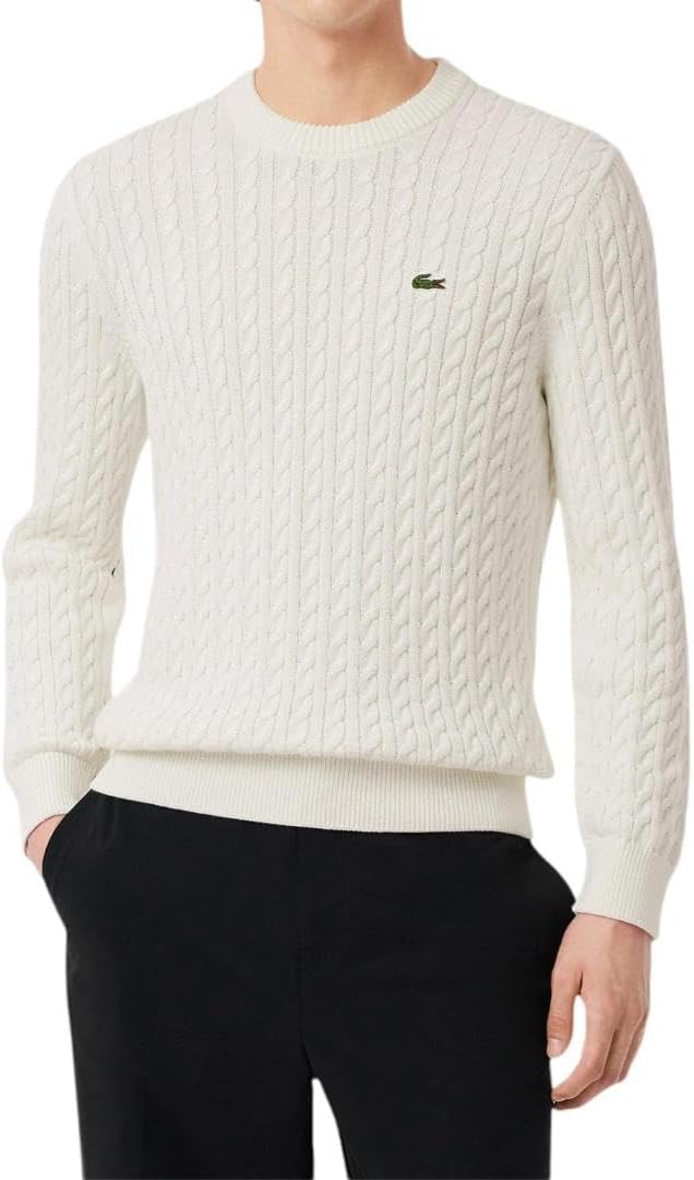 Свитер Lacoste мужской, Regular Fit, с круглым вырезом, длинным рукавом и косой вязкой, белый/зеленый