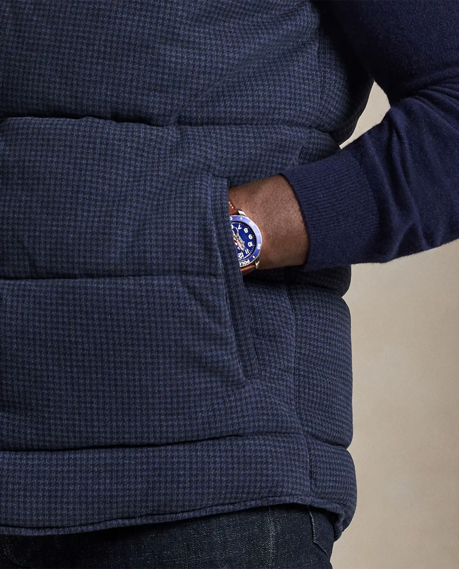 Мужской утепленный жилет Estate-Rib с узором гусиная лапка больших размеров Polo Ralph Lauren, темно-синий — фото 4