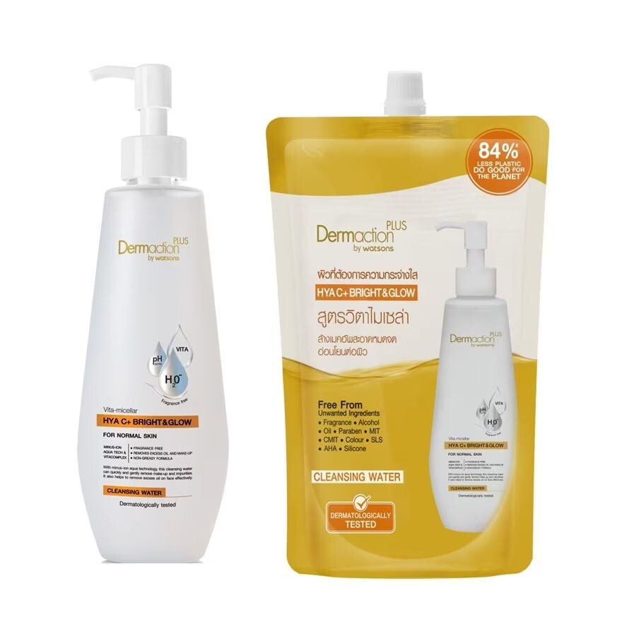 

Dermaction Plus by Watsons Dermaction Plus By Watsons Vita-Micellar Hya C+ Bright Glow Очищающая вода 250 мл+500 мл (сменный блок), White