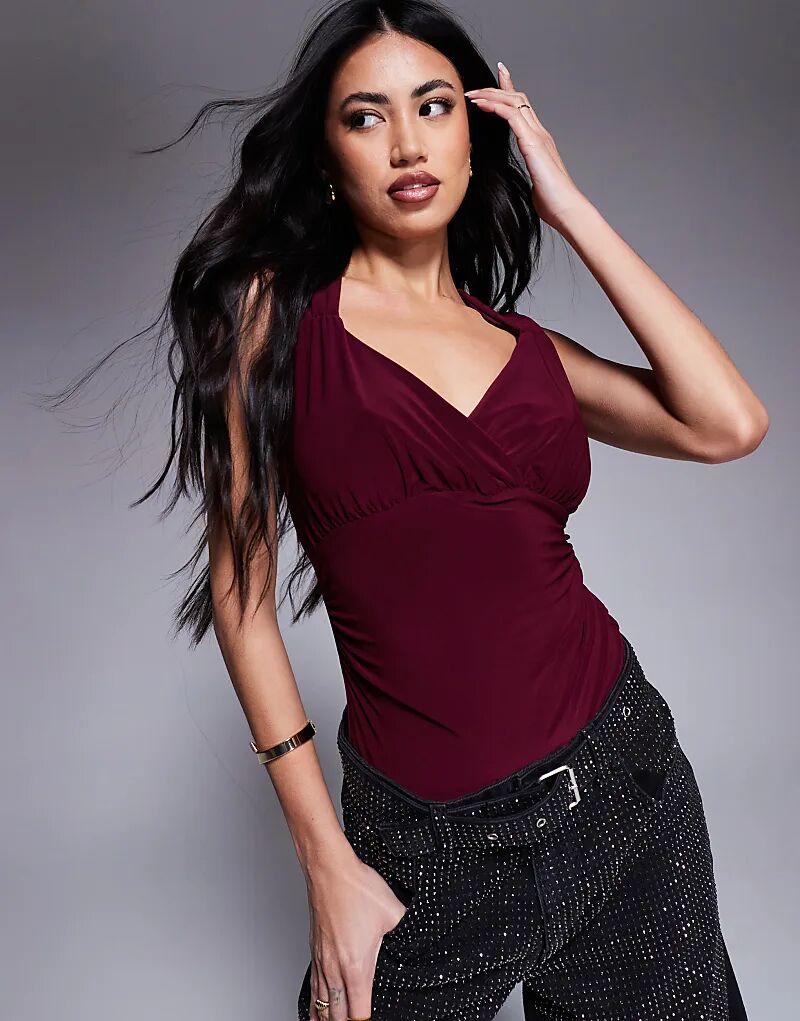 

Боди с запахом и сборками в бордовом цвете River Island