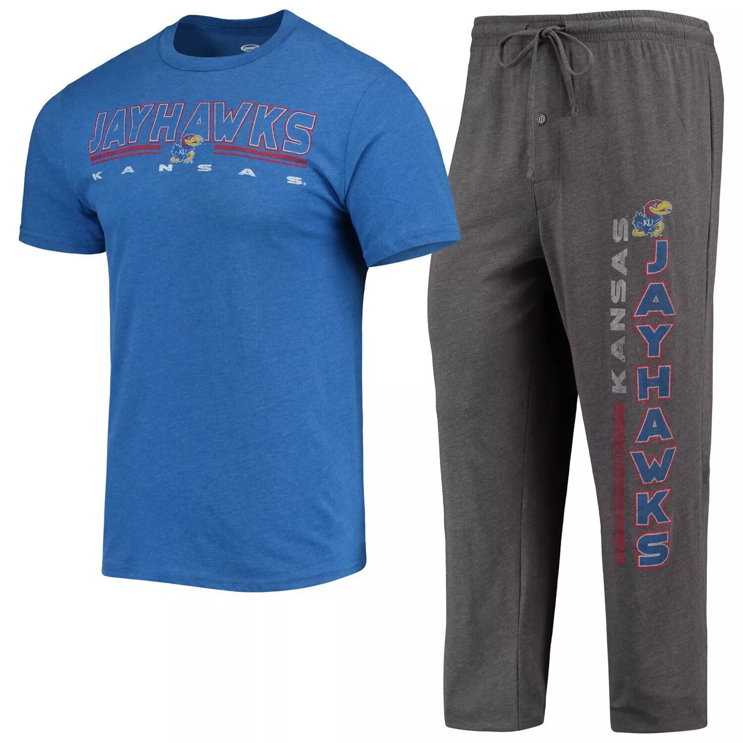 

Мужской комплект для сна с футболкой и брюками Concepts Sport из меланжевого угля/Royal Kansas Jayhawks Meter