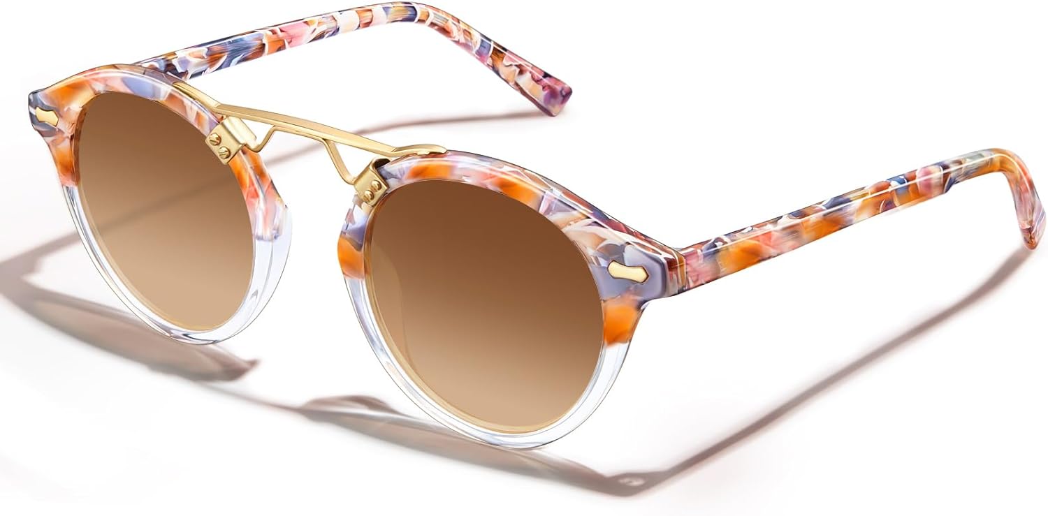 

Солнцезащитные очки CARFIA с двойной перемычкой, маленькие, из ацетата, поляризованные, в стиле ретро с металлическими оправами, модные круглые очки для женщин, 7. Pink Flower Tortoise Frame Gradient Brown Lens