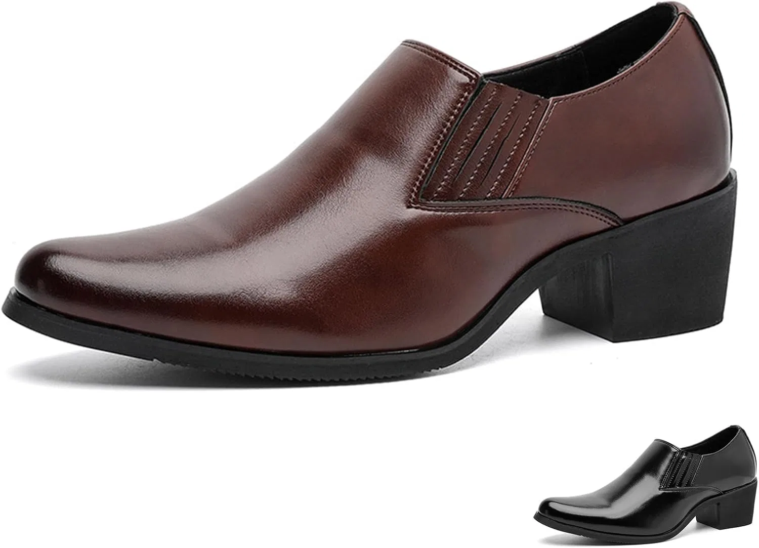Лоферы кожаные с каблуком, без бренда, модель Men's Leather Chunky Heel Dress Loafers, коричневый ENGEOSNGT