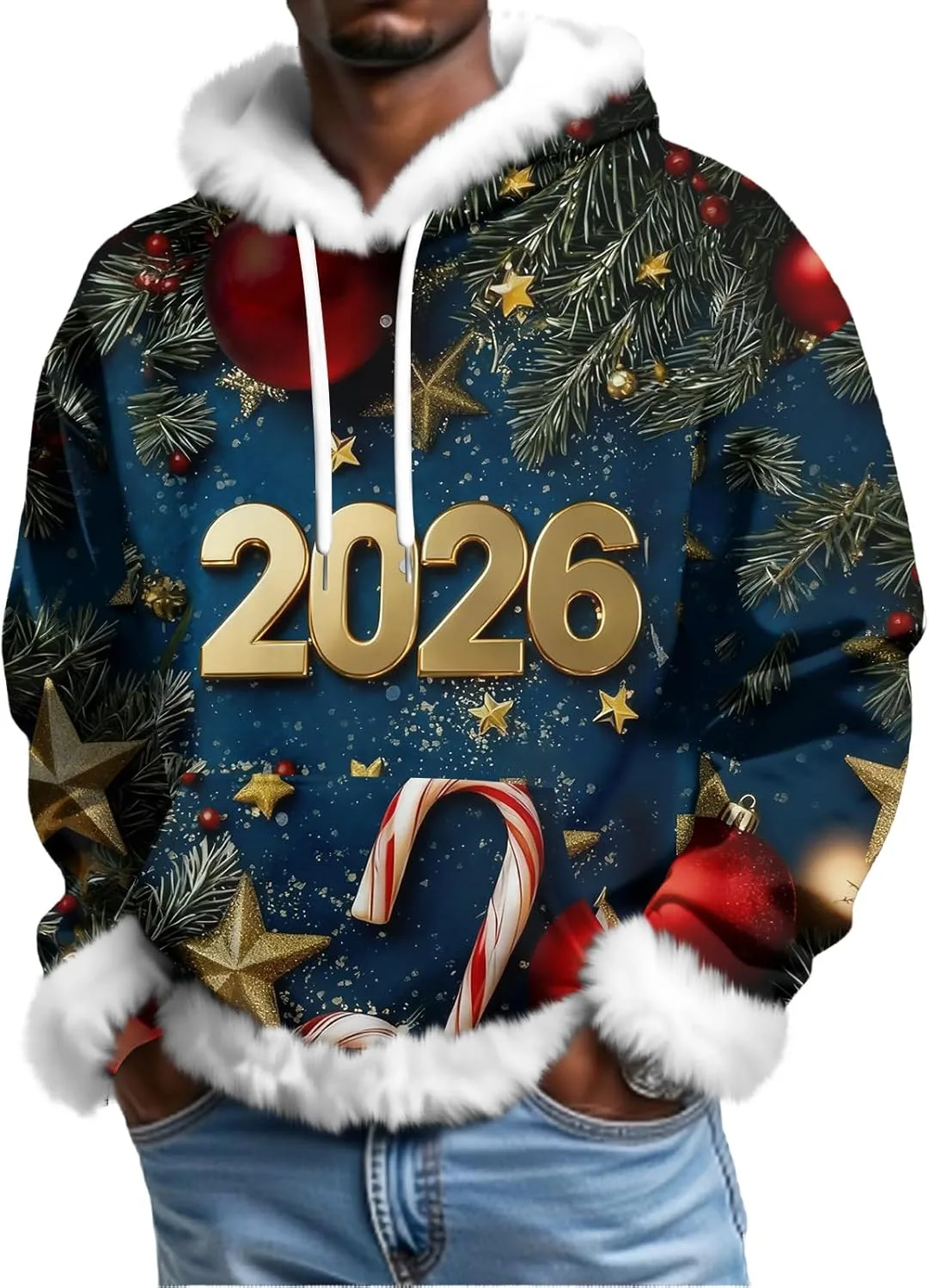 

Мужская рождественская толстовка с меховой отделкой и принтом FQZWONG