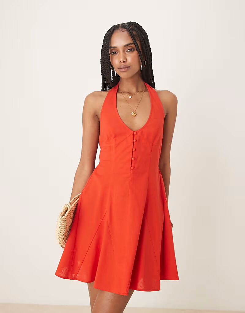 

Мини-платье ASOS DESIGN с бретелью через шею и подолом годе красного цвета