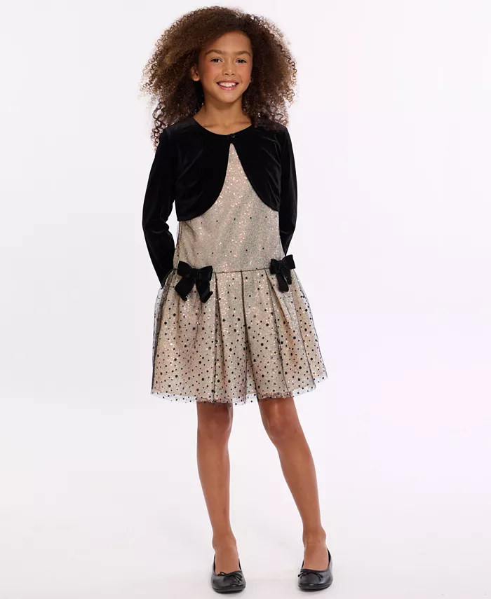 

Детский набор для девочек 7-16 лет: платье с пайетками в горошек и кардиган Bonnie Jean, загар/бежевый