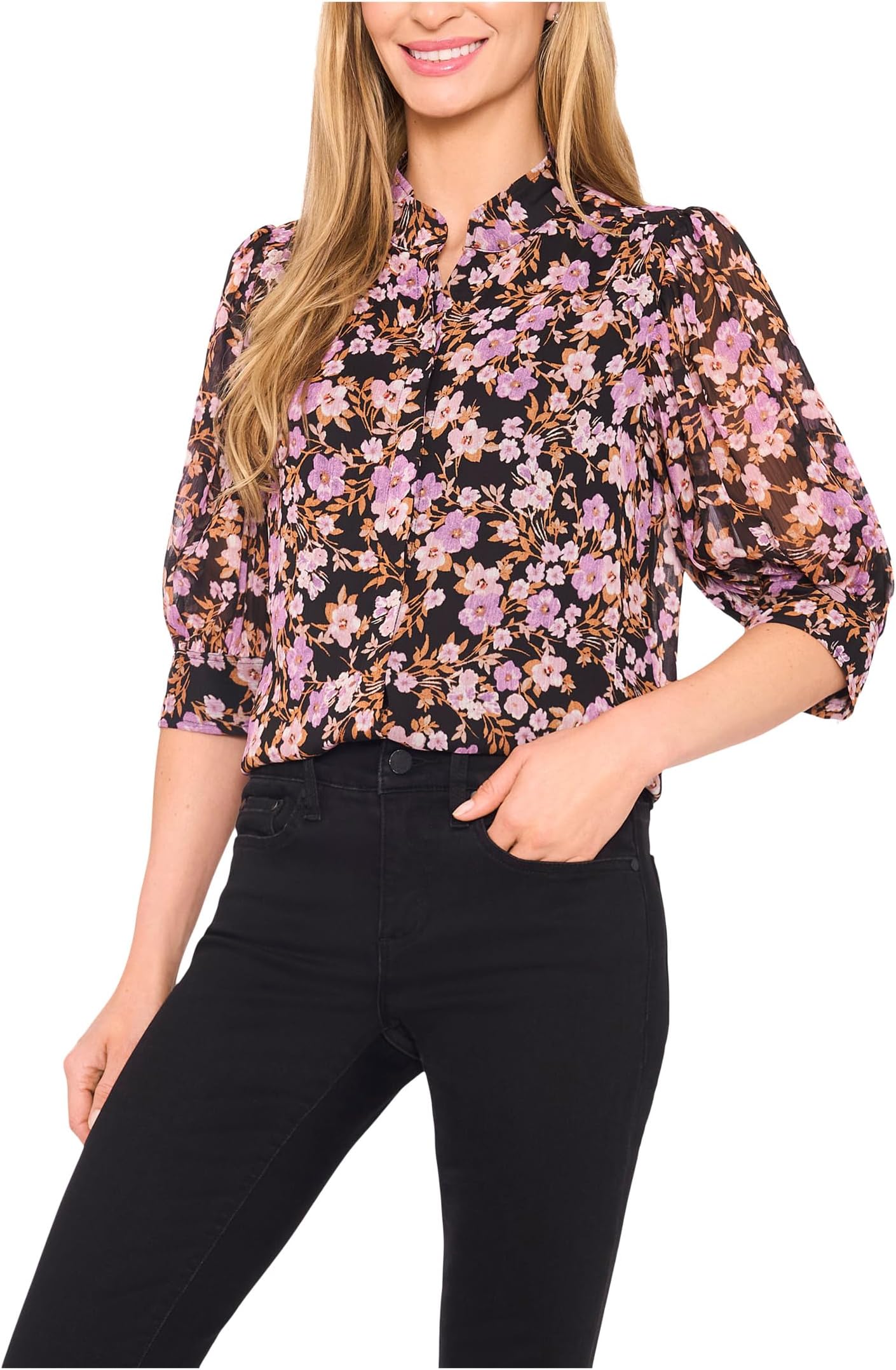 

Блуза CeCe Ruched Sleeve Hidden Placket Blouse, цвет Rich Black