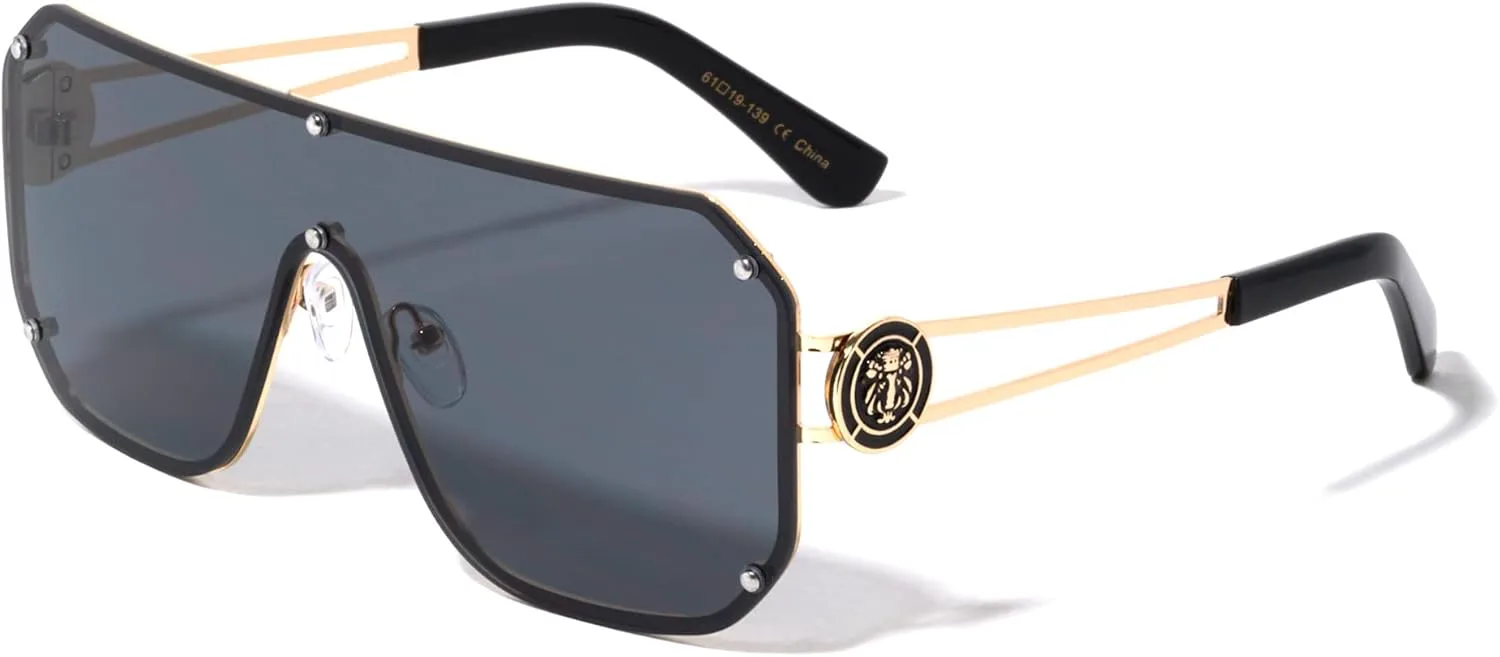 

Kleo Regent - Солнцезащитные очки в стиле хип-хоп с плоской оправой, украшенные заклепками, с медальоном в виде головы льва и боковыми панелями, Black Gold