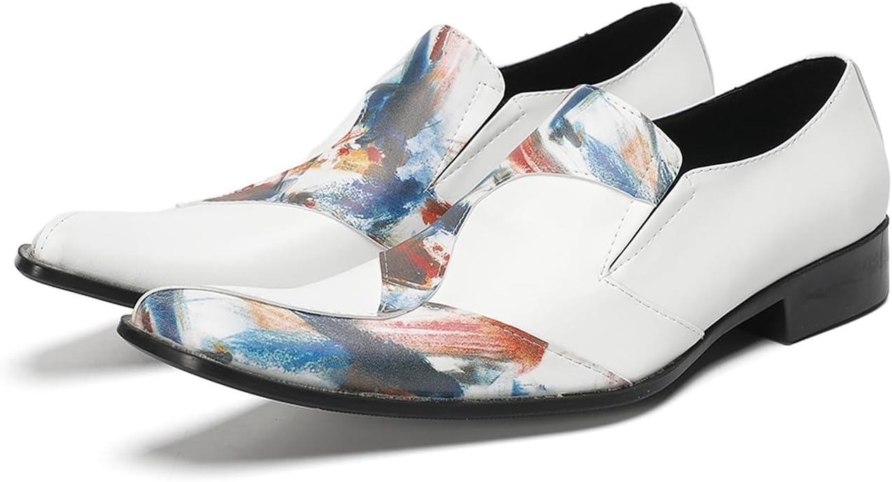 

Мужские слипоны Santimon - элегантные повседневные лоферы, модные, из натуральной кожи, с заостренным носком, белые смокинговые мокасины с абстрактным рисунком для свадьбы, выпускного, вечеринки или сцены