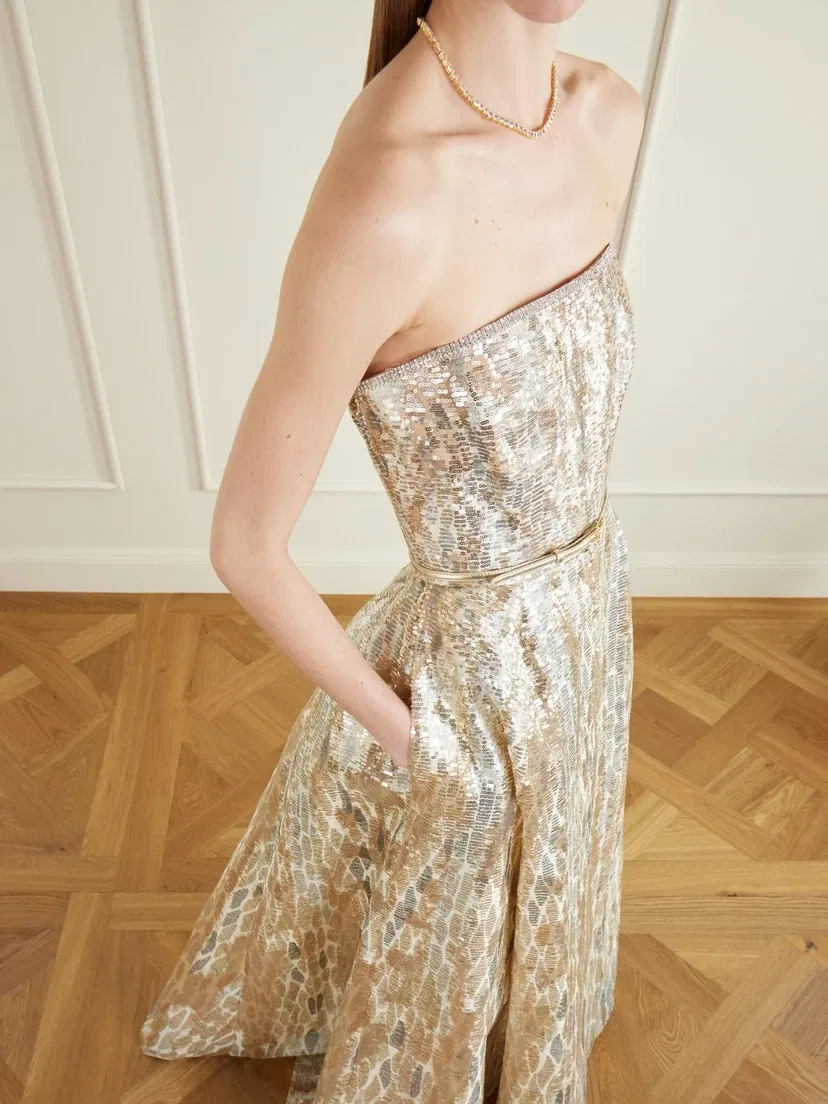 Вечернее платье из тюля без бретелек, украшенное пайетками, с поясом Elie Saab, золотой — фото 4