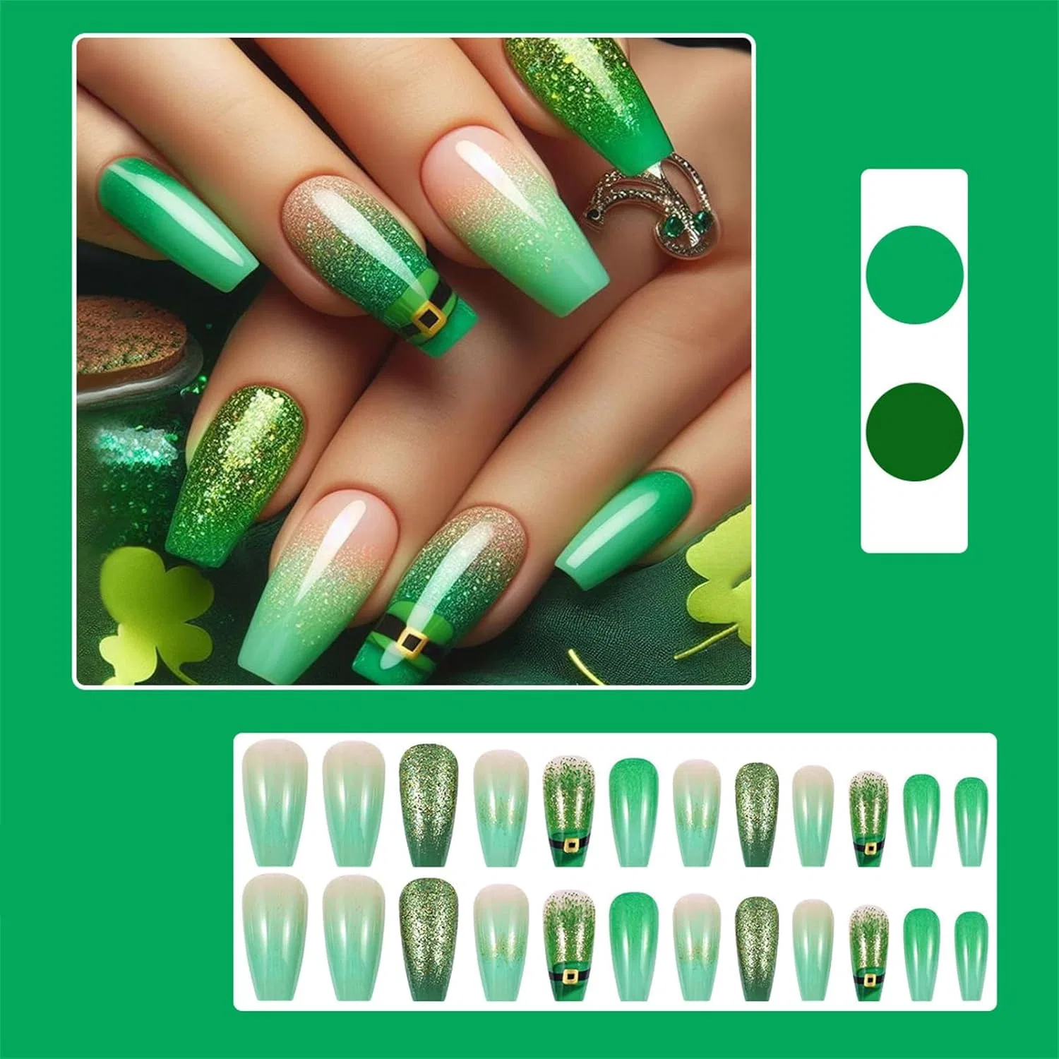 Накладные ногти ко Дню святого Патрика с дизайном зеленой шляпы лепрекона ‎Hnsdsvcd — фото 2
