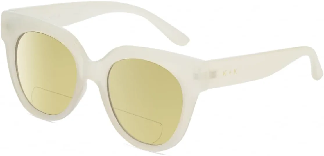 

Солнцезащитные очки для чтения Calabria K+K JAMIE Round Polarized BiFocal для женщин, модные дизайнерские очки с бифокальными линзами, Milky Beige Crystal/Yellow Lens