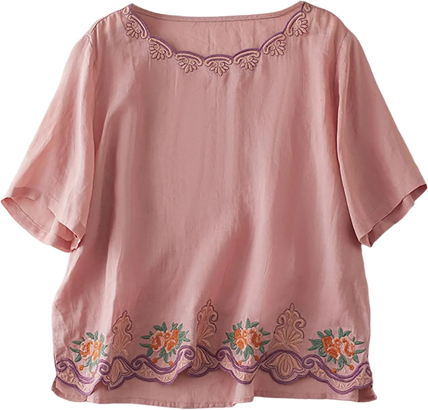Футболка из хлопка и льна, оверсайз, Relaxed Fit, розовая — фото 4
